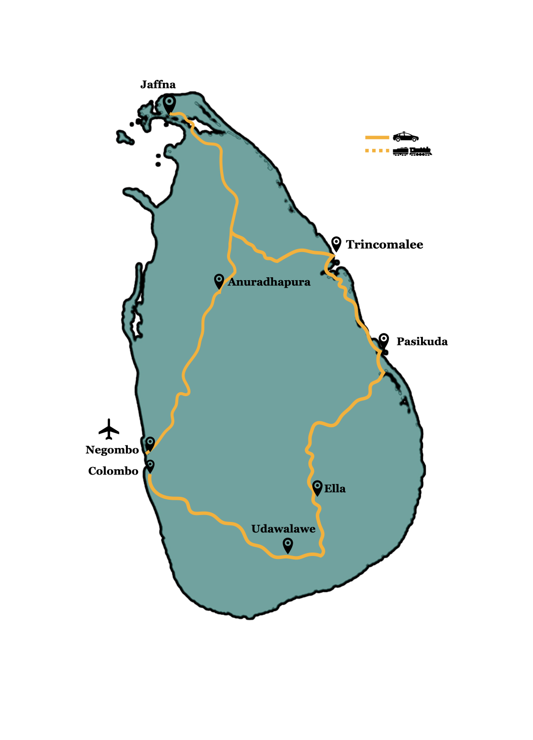 Route der 14-tägigen Nord- und Ost-Sri Lanka Rundreise
